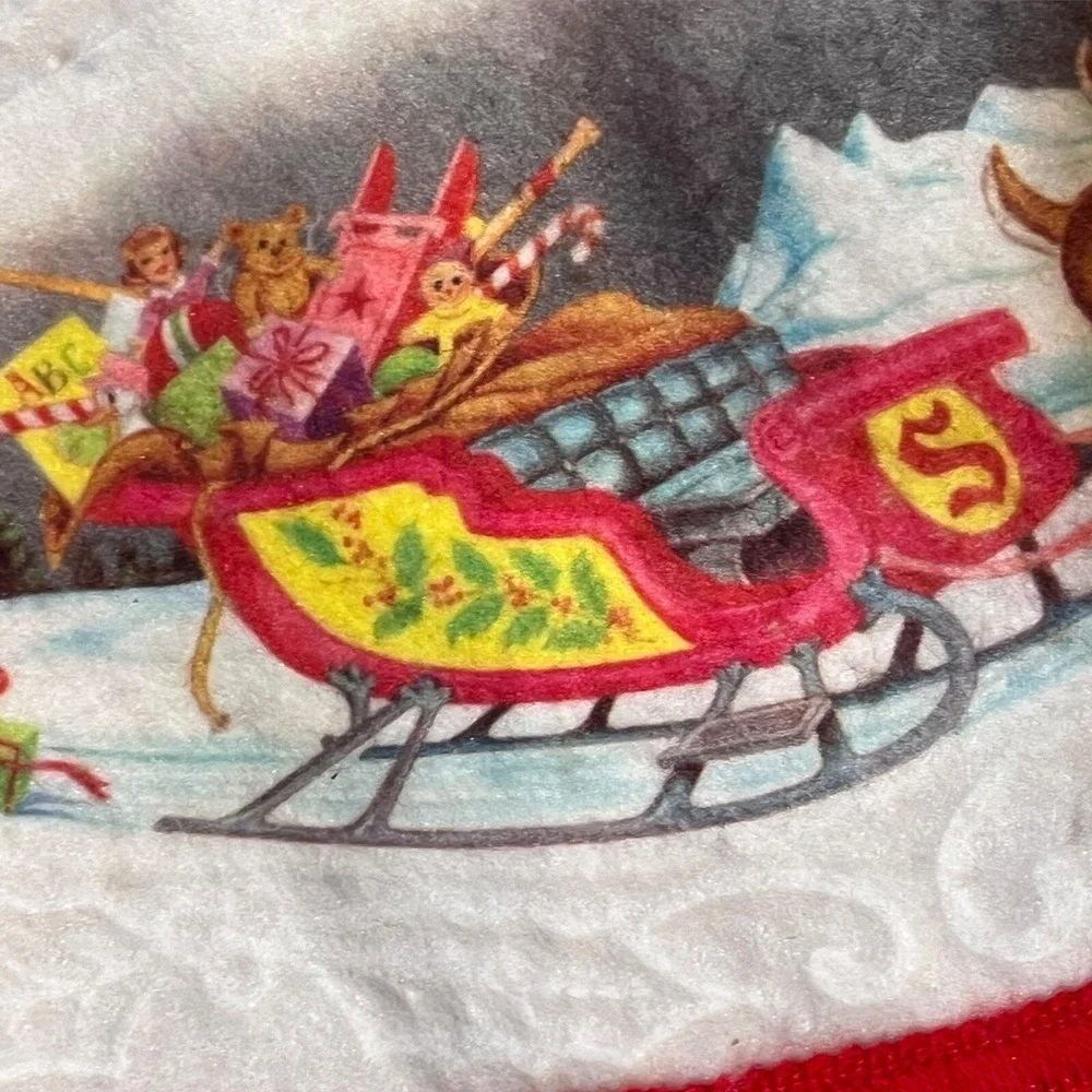 Vtg Santa North Pole Reindeer Sleigh Fringe Edge‎ Christmas Tree Felt Skirt 40